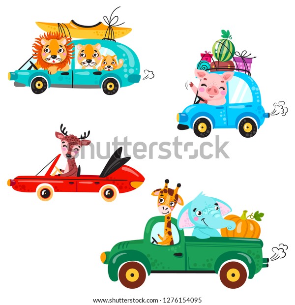 Set of kids\
transport with lion, boat, canoe, giraffe, elephant, deer,\
watermelon and gifts. Cute animals ride on the car.  Vector\
illustration isolated on white\
background