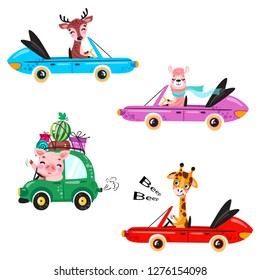 Set of kids transport with llama, giraffe, deer, watermelon and gifts. Cute animals ride on the car.  Vector illustration isolated on white background