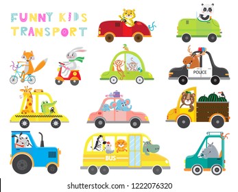 Set of kids transport on white background . Collection funny cars. Vector illustration