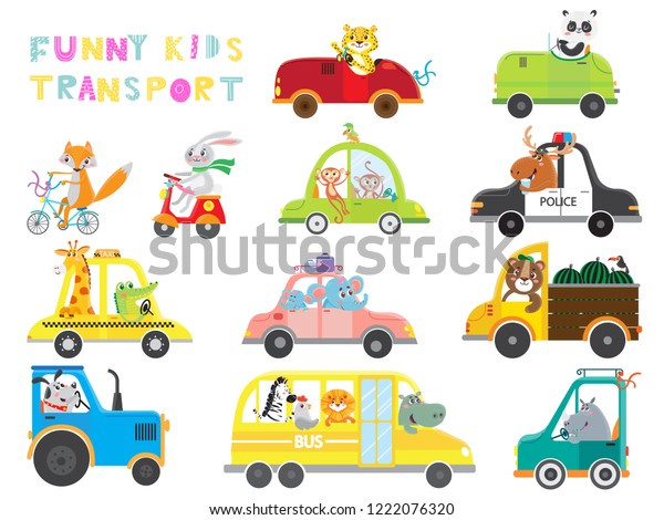 Set of kids transport on white\
background . Collection funny cars. Vector\
illustration