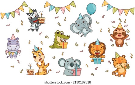 Set kids tropical animals celebrate holiday. Hippo, lion, elephant, giraffe, crocodile, zebra, sloth, tiger, koala. Vector illustration for designs, prints, patterns. Isolated on white background