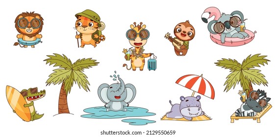 Set kids tropical animals doing summer fun. Vector illustration for designs, prints, patterns. Isolated on white background