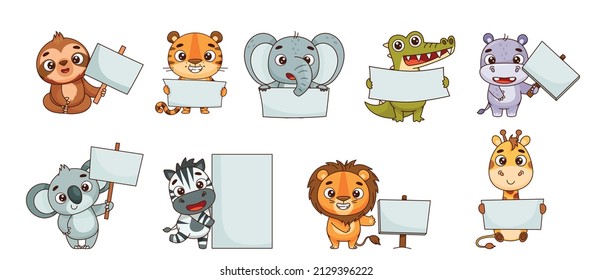 Set kids tropical animals with empty signs. Hippo, lion, elephant, giraffe, crocodile, zebra, sloth, tiger, koala. Vector illustration for designs, prints, patterns. Isolated on white background