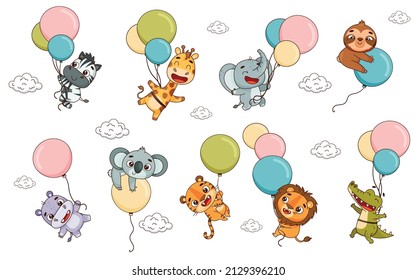 Set kids tropical animals fly on balloons. Hippo, lion, elephant, giraffe, crocodile, zebra, sloth, tiger, koala. Vector illustration for designs, prints, patterns. Isolated on white background