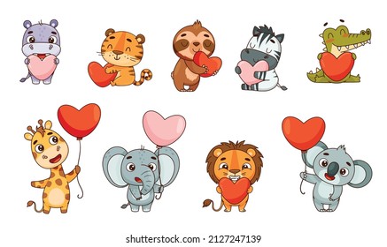 Set kids tropical animals with hearts in their hands. Hippo, lion, elephant, giraffe, crocodile, zebra, sloth, tiger, koala. Vector illustration for designs, prints, patterns. Isolated on white