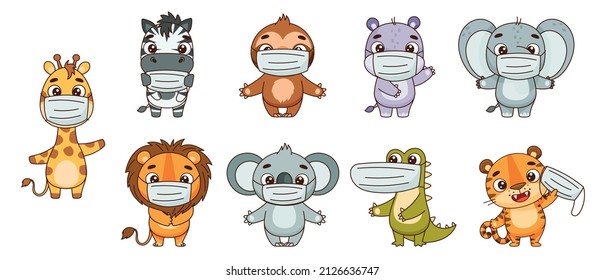Set kids tropical animals wear medical masks. Hippo, lion, elephant, giraffe, crocodile, zebra, sloth, tiger, koala. Vector illustration for designs, prints, patterns. Isolated on white background