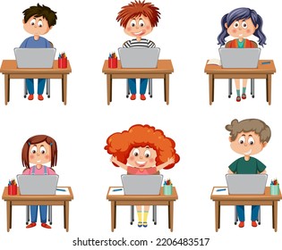 Set of kids using tablet and laptop illustration