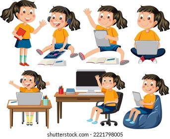 Set of kids using tablet and laptop illustration