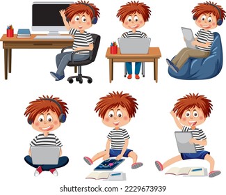 Set of kids using tablet and laptop illustration