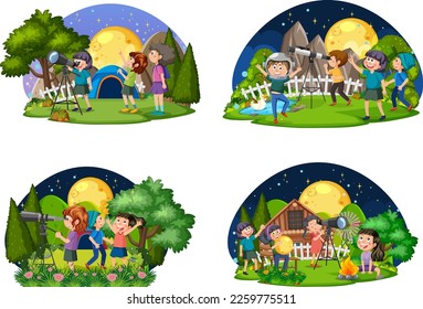 Set of kids using telescope at night illustration