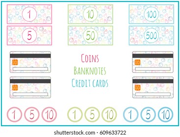 Set of kids vector fictive banknotes, coins, credit cards for toy store game. Childish design with cherry, balls. Isolated on white. Money for playing shop. Requisite for cash, counter