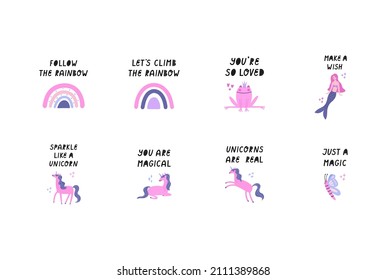 Set of kids vector illustrations with lettering and clipart. Unicorns, rainbows, mermaid.