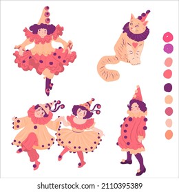 Set with kids in vintage  carnival  costumes. Little clowns, Cat in a hat. Vector illustration. 