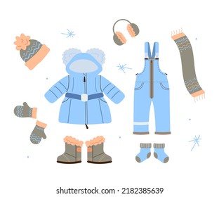 Set of Kids warm autumn and winter Clothes, Accessories. Children Clothes and Accessory for cold weather. Flat vector illustration.