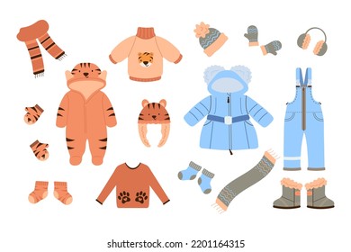 Set of Kids warm autumn and winter Clothes, Accessories. Children Clothes and Accessory for cold weather. Vector illustration.