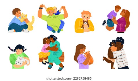 Conjunto de niños en cálidos abrazos. Niños felices abrazando a padres, madres, padres o mascotas peludas. Amor, cuidado y ternura. Cuidate con amigos animales. Colección vectorial plana de dibujos animados aislada en fondo blanco