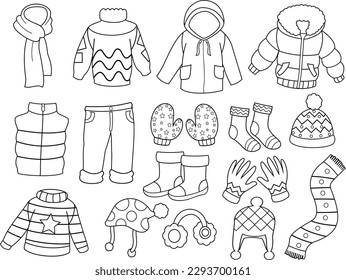 Set of Kids Warm Winter Clothes Outlined.
Different types of winter clothes line art including jacket, scarf, mittens, pant, boots, hat, coat, sweater, earmuffs, socks, beanie, and gloves.