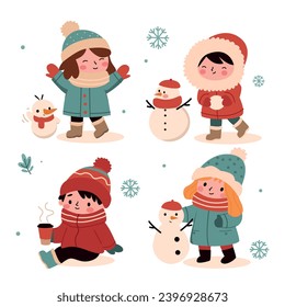 set kids in warm winter clothes, vector illustration. Winter fun.