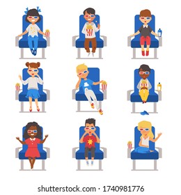 Set Of Kids Watching Movie With 3d Glasses Flat Vector Illustration Isolated On White Background. Children Cartoon Characters Enjoying Film In Cinema Theater.