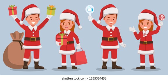 Set of kids wearing Christmas costumes character vector design. Presentation in various action with emotions.