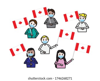 Set of Kids wearing face masks and holding Canadian flag