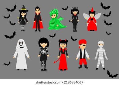 Set of kids wearing halloween costumes. Children. Halloween party. Costume ideas. 