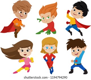 Set of kids wearing superhero costumes with different pose.vector and illustration. 