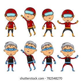 Set of kids wearing superhero costumes with different pose