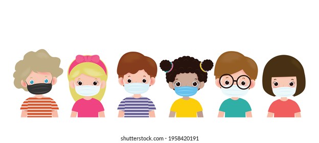 Set of kids wearing a surgical protective Medical mask for prevent coronavirus or Covid-19, new normal lifestyle concept, Social Distancing, Healthcare isolated on white background vector illustration
