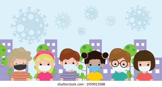 Set of kids wearing a surgical protective Medical mask for prevent coronavirus or Covid-19 in city, new normal lifestyle concept, Social Distancing, Healthcare isolated on background vector illustrati