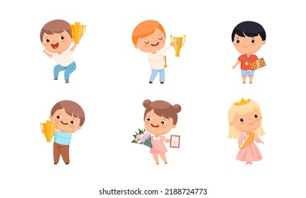 Set of kids winners with medal, goblet and certificate. Happy boys and girls participated in contest or competition vector illustration
