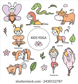 Set of kids yoga animal poses. Cat, cow, butterfly, flamingo, snake asanas. Vector cartoon illustration in doodle style.