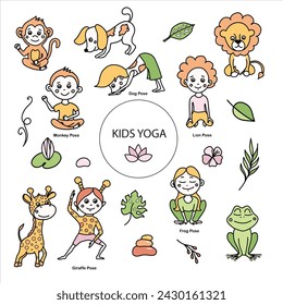 Set of kids yoga animal poses. Monkey, frog, lion, giraffe, dog asanas. Vector cartoon illustration in doodle style.