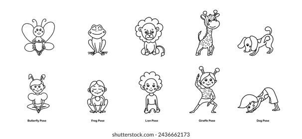 Set of kids yoga animal poses. Butterfly, frog, lion, giraffe, dog asanas. Vector cartoon illustration in doodle style.