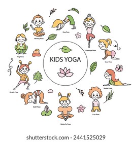 Set of kids yoga animal poses and tropical leaves, flowers, branches. Vector cartoon illustration in doodle style.