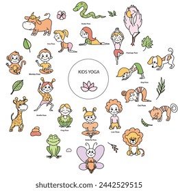 Set of kids yoga animal poses and tropical leaves, flowers, branches. Vector cartoon illustration in doodle style.