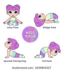 Set of kids' yoga poses. Cartoon characters for girls. Babydoll character. Vector illustration. 