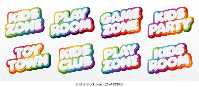 Set of kids zone badge, Colorful play room logo, game zone label, educational kids playroom poster and kids party banner. Children's play zone vector illustration