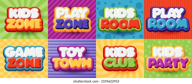 Juego de insignias de zona infantil, logo de la sala de juegos colorida, etiqueta de zona de juegos, afiche de la sala de juegos para niños y pancarta de fiesta para niños. Ilustración vectorial de la zona de juego infantil