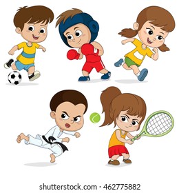 Set of kidsports.Children football, taekwondo,boxing, running,tennis.vector and illustration.