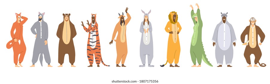 Set of Kigurumi or animal onesies for kids showing ten different outfits, colored vector illustration on white