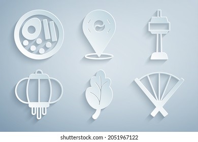 Set Kimchi, N Seoul tower in South Korea, Korean lantern, Traditional fan, Location and Ramen icon. Vector