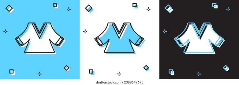 Establece el icono de Kimono aislado en fondo azul y blanco, negro. Chino, japonés, coreano, vietnamita con disfraces nacionales, kimono. Disfraces tradicionales asiáticos.  Vector