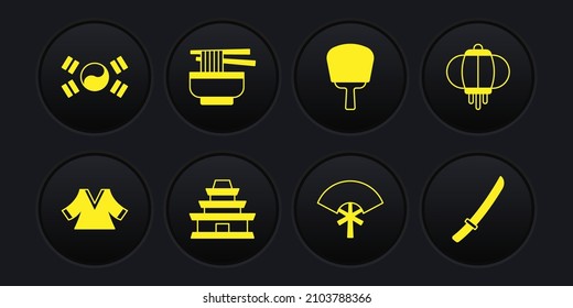Set Kimono, Korean lantern, temple, Traditional fan, hand, Ramen, Katana and South flag icon. Vector