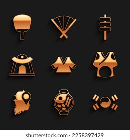 Set Kimono, Ramen, South Korea flag, map, Korean temple, food tokpokki and hand fan icon. Vector
