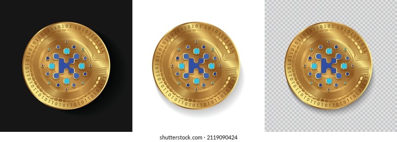 Conjunto de símbolo del logotipo de la moneda criptográfica KIN aislado en fondo blanco, oscuro y transparente. Puede utilizarse como pegatina de moneda dorada, icono, etiqueta, placa, diseño de impresión y emblema