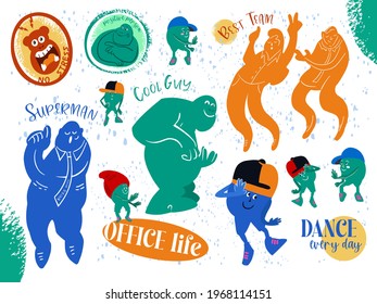 Set of kind monsters or positive creatures, office people, persons, funny rules. Blue, green, orange abstract Vector set. Hand drawn illustration.