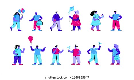 Set of kindergarten children playing with pinwheels, kites, eating ice cream. Bundle of primary or elementary school kids, pupils, classmates. Happy childhood. Flat blue vector illustration.