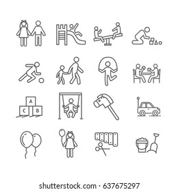 Set of kindergarten Related Vector Line Icons. Includes such Icons as playground, children, swings, roundabouts, toys, nursery, xylophone, blocks, aerial balls, sandbox