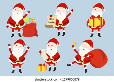 Set of kindness smiling Santa Claus character on blue background. concept  design for Christmas and new year postcard decoration in vector element.